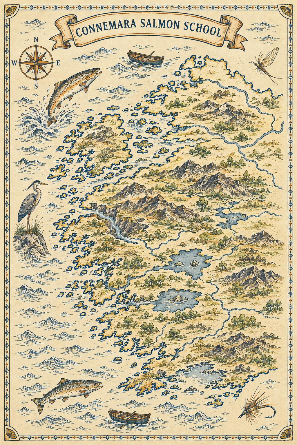 Illustrated map of the west of Ireland, the Connemara Salmon School fishing houses